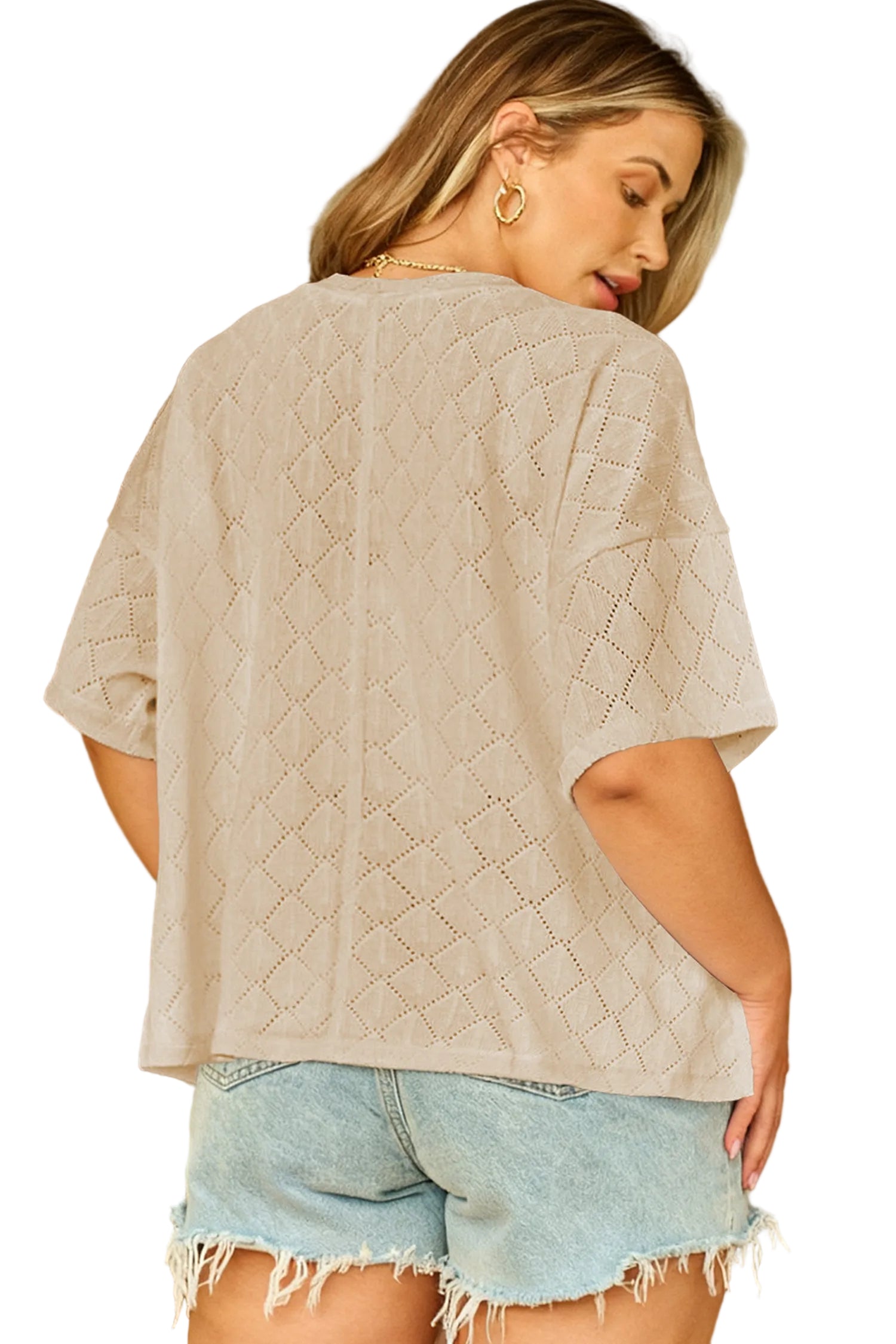 Light Pink Pointelle Rhombus Knit Plus Size V Neck Loose Top