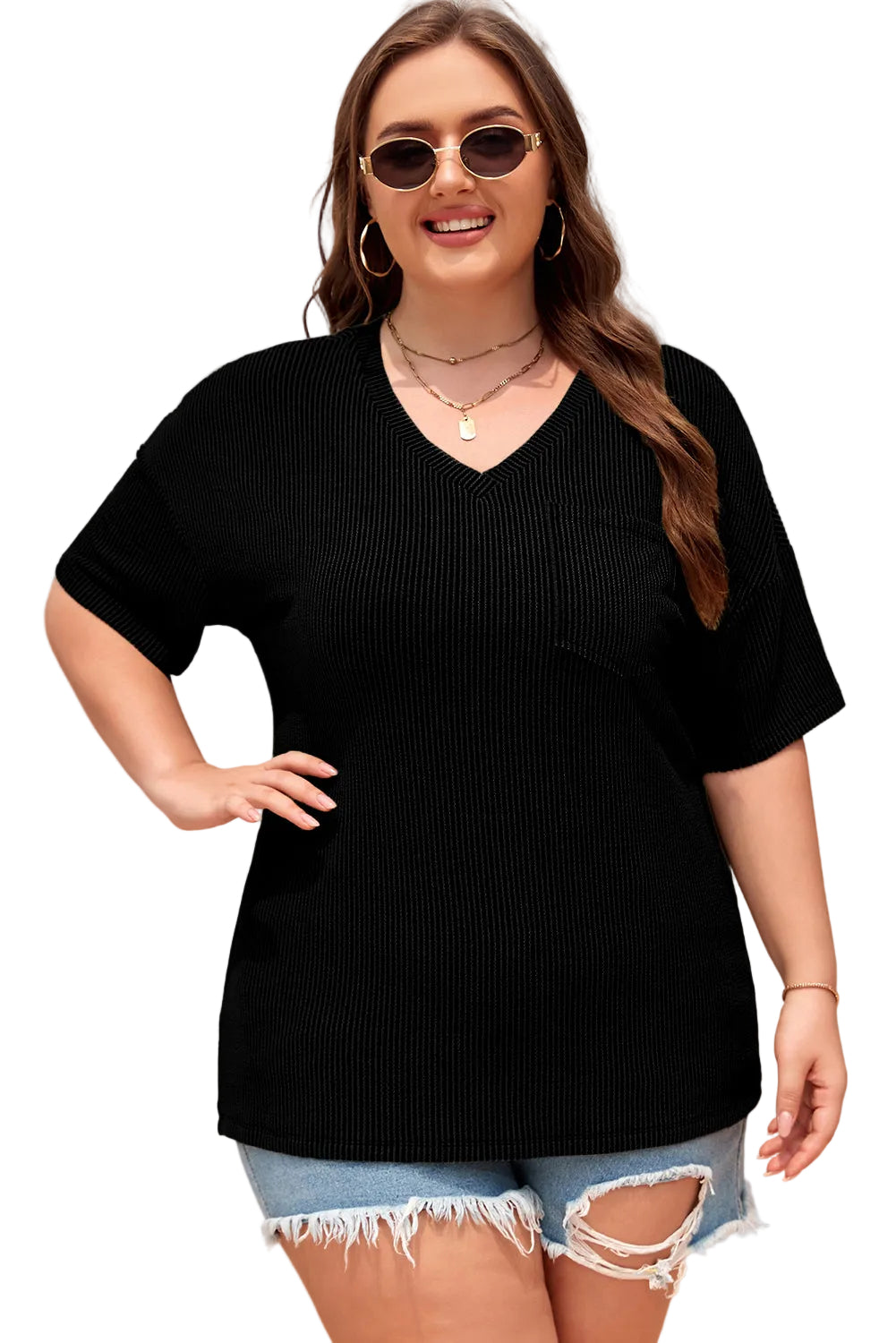 Black Textured V-Neck Dropped Shoulder Plus T-Shirt