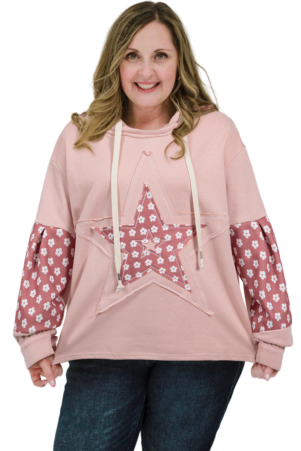 Delicacy Star Patch Graphic Floral Color Block Drawstring Plus Size Hoodie