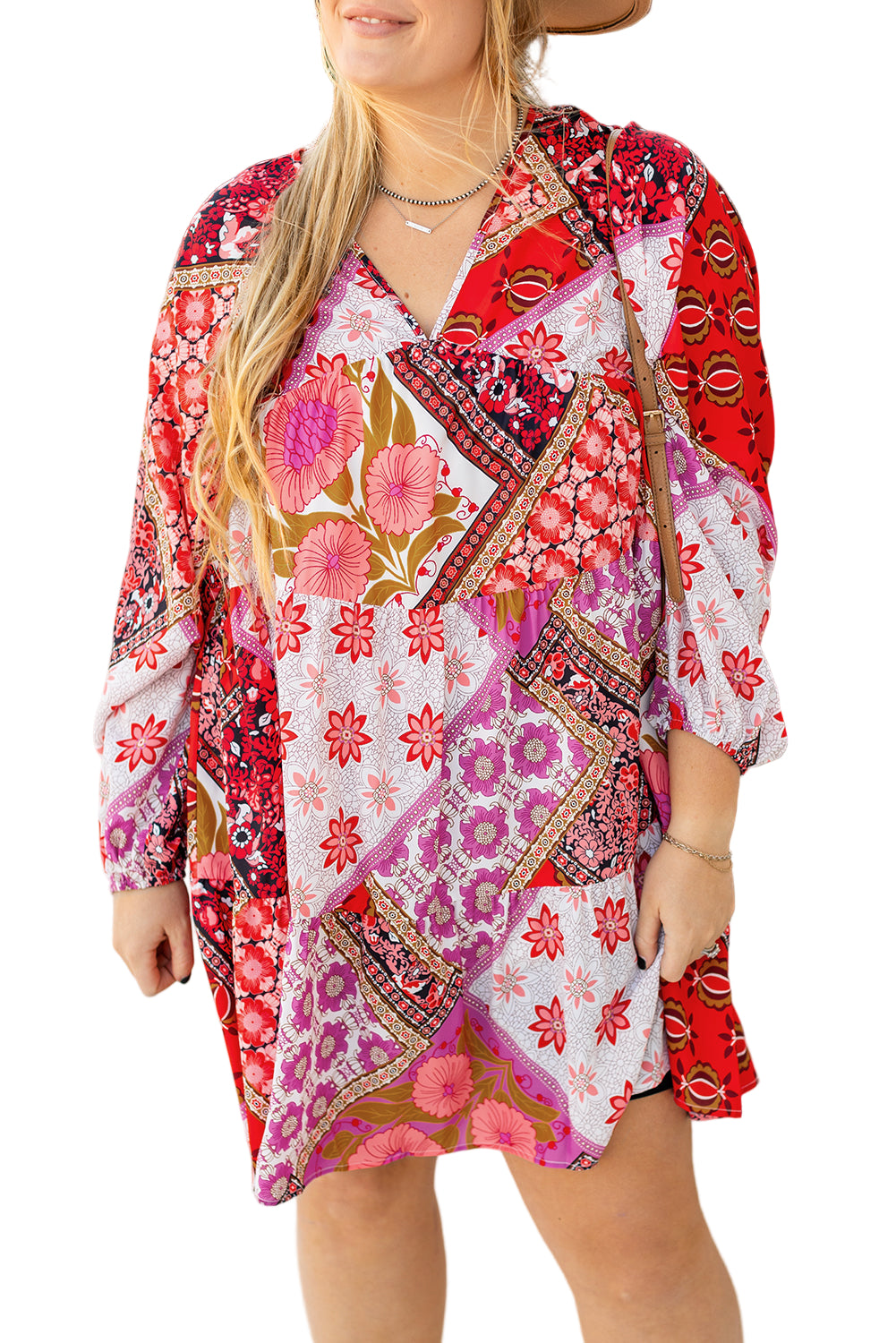 Rose Mixed Floral Long Sleeve V Neck Lace-up Hollowed Back Plus Size Dress