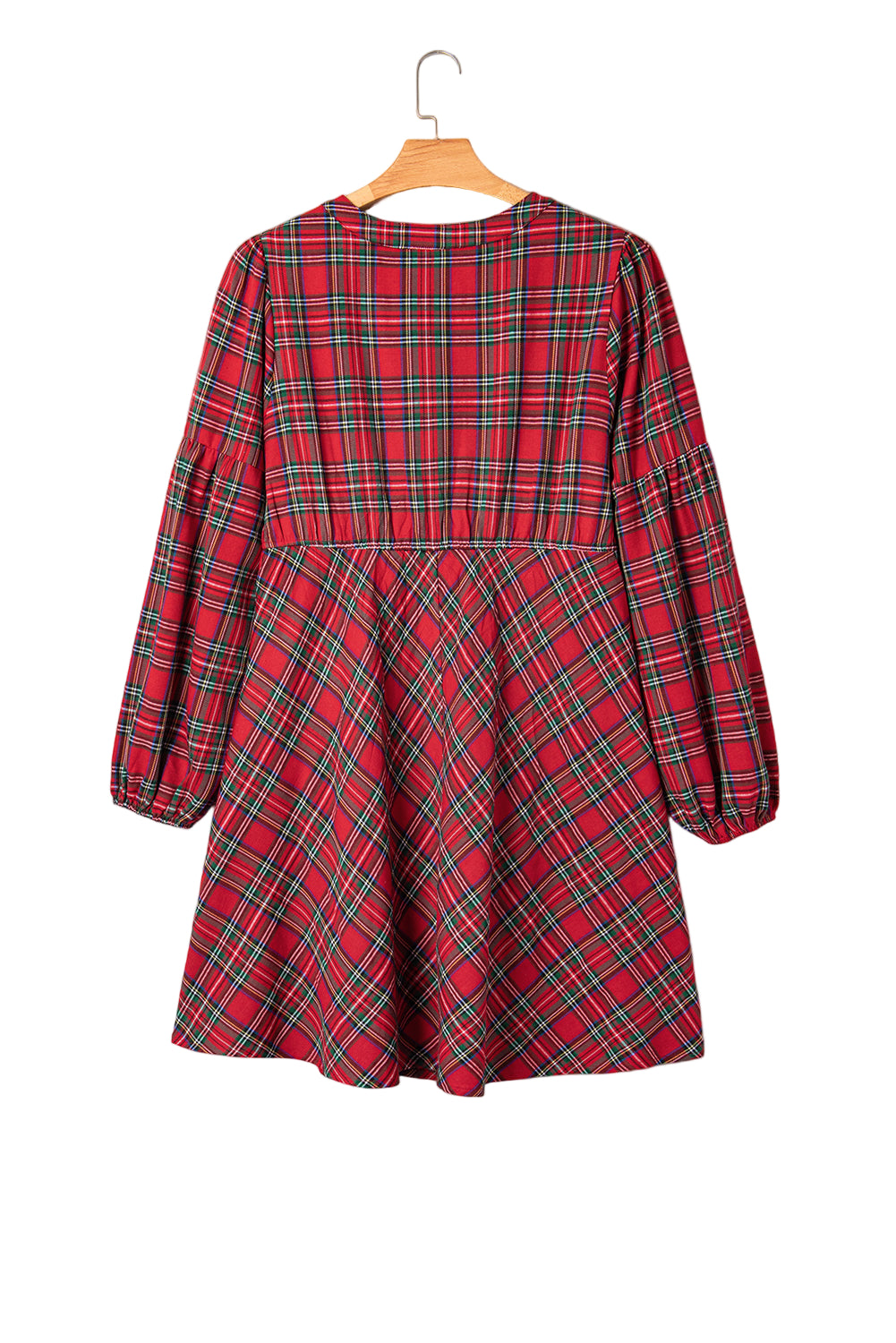 Red Plus Size Plaid Half Button Long Sleeve Holiday Dress