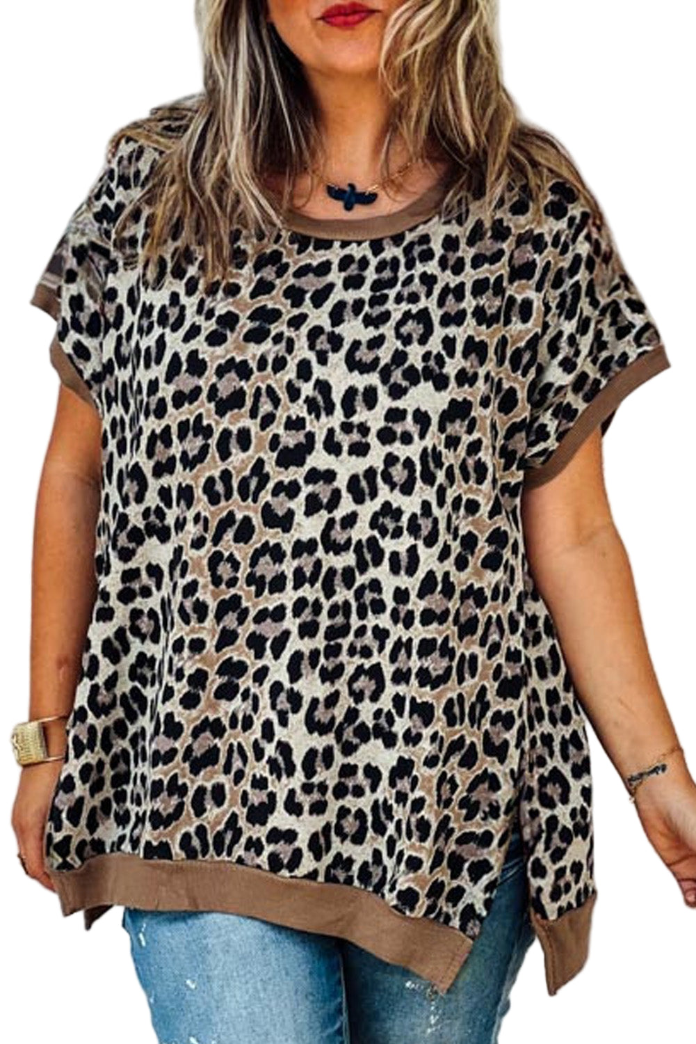 Khaki Leopard Contrast Trim Short Sleeve Loose Plus Size Top
