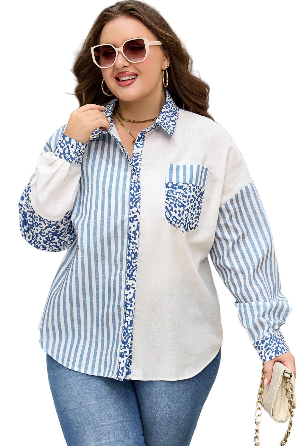 Sky Blue Leopard Striped Patchwork Casual Plus Shirt