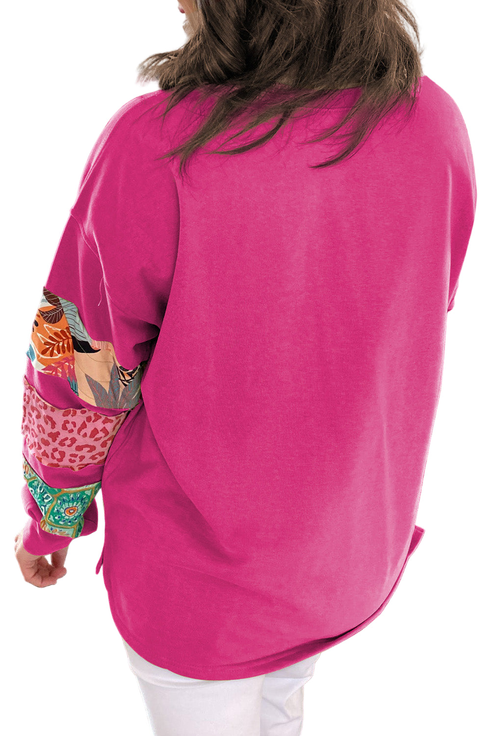 Green Plus Size Printed Patchwork Sleeve Split Sweatshirt