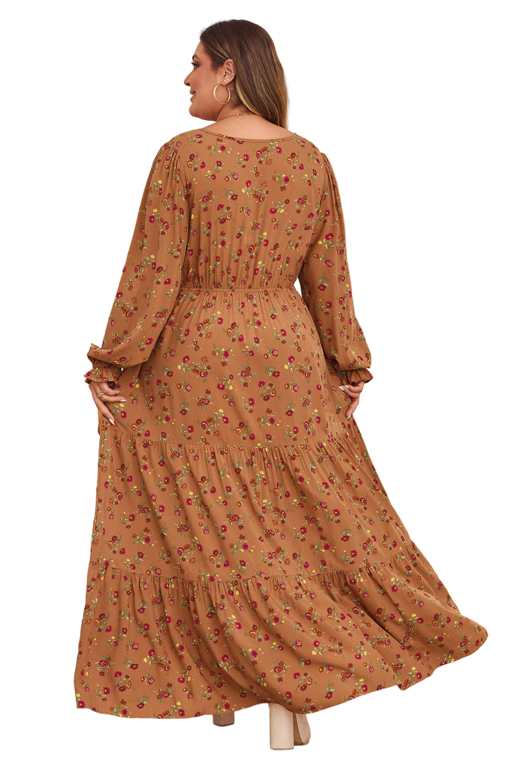 Brown Plus Size Floral Split V Neck Ruffled Sleeve Tiered Maxi Dress