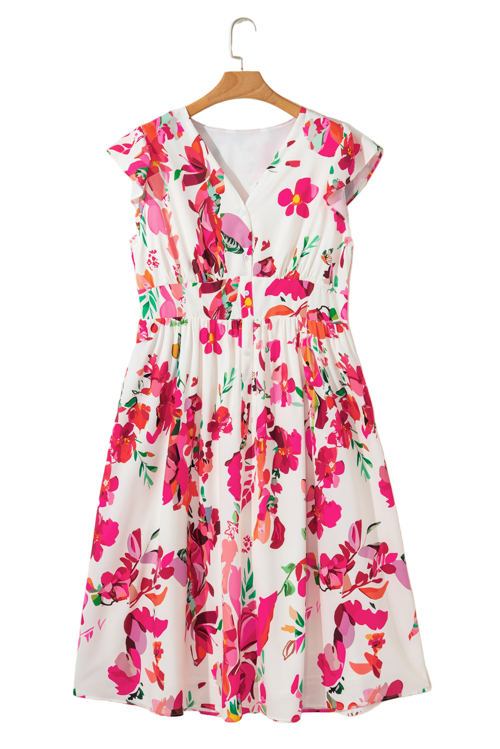 Pink Floral Print V Neck Ruffle Sleeve Plus Size Midi Dress