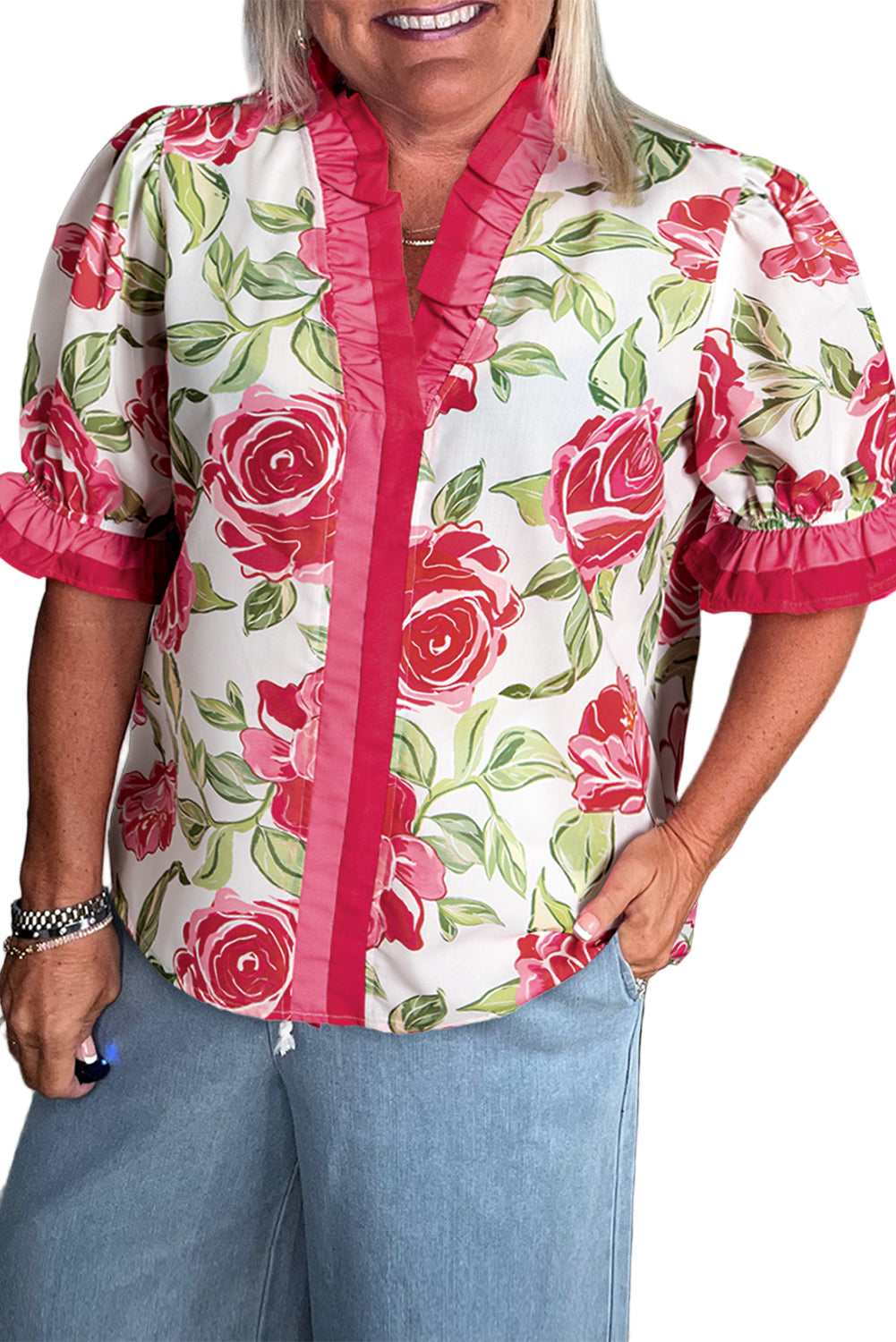 Rose Plus Size Floral Print Frill Neck Short Sleeve Blouse