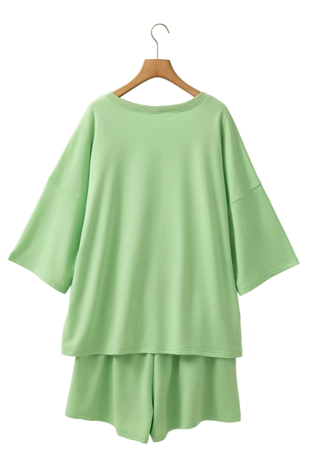 Meadow Mist Green Plus Size V Neck Drop Shoulder Tee Loose Shorts 2pcs Outfit