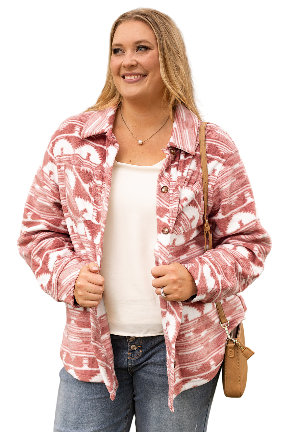 Pink Plus Size Aztec Print Chest Pocket Shacket