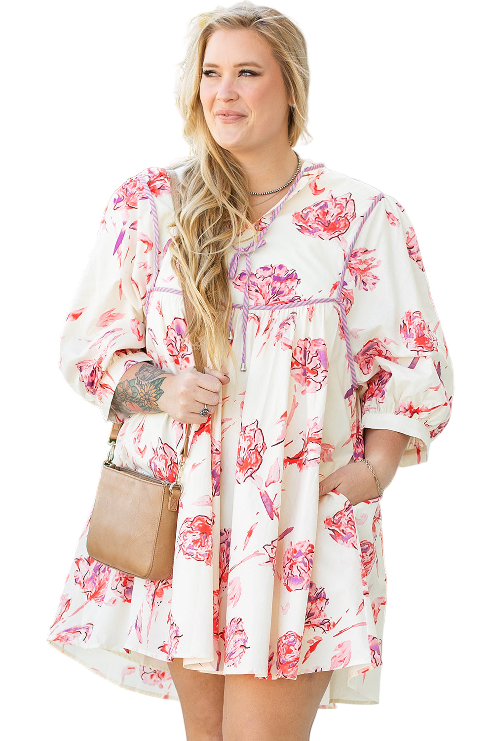 White Floral Print Lace up V Neck Balloon Sleeve Plus Size Shift Mini Dress