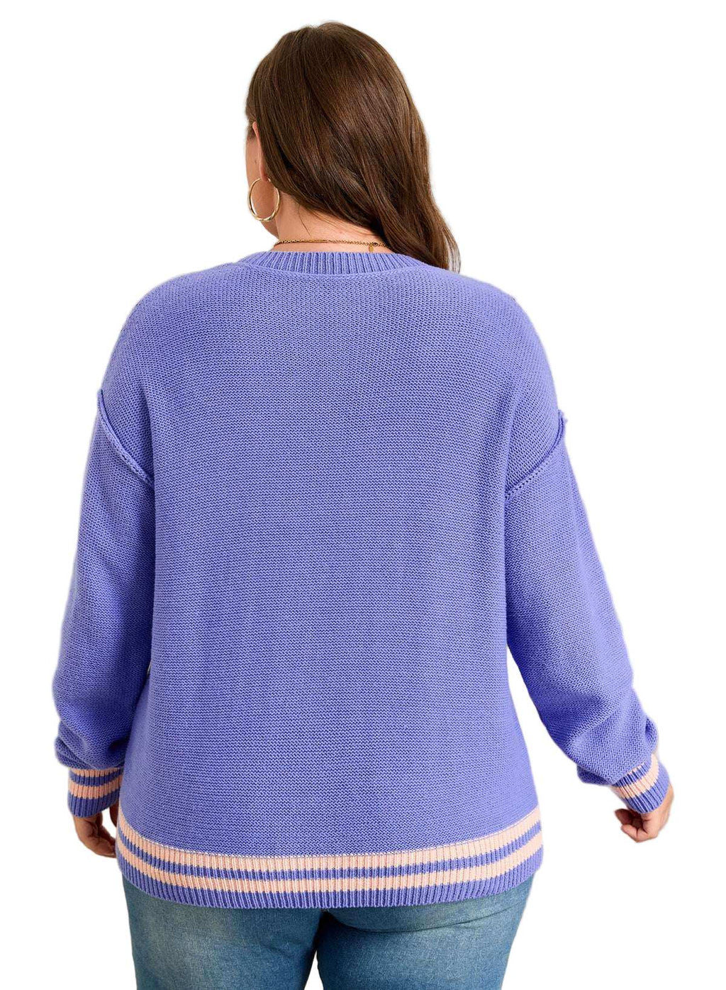 Wisteria Plus Size Striped Trim Drop Shoulder Knit Loose Sweater