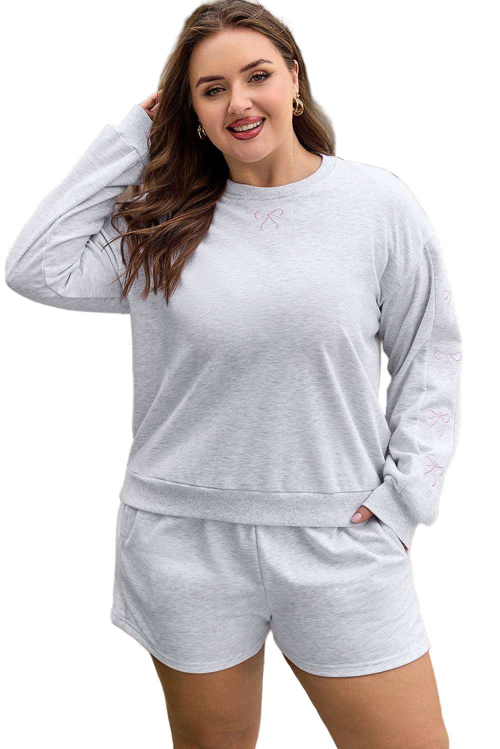 Light Grey Girly Bow Embroidered Puff Sleeve Pullover Loose Shorts Plus 2pcs Outfit