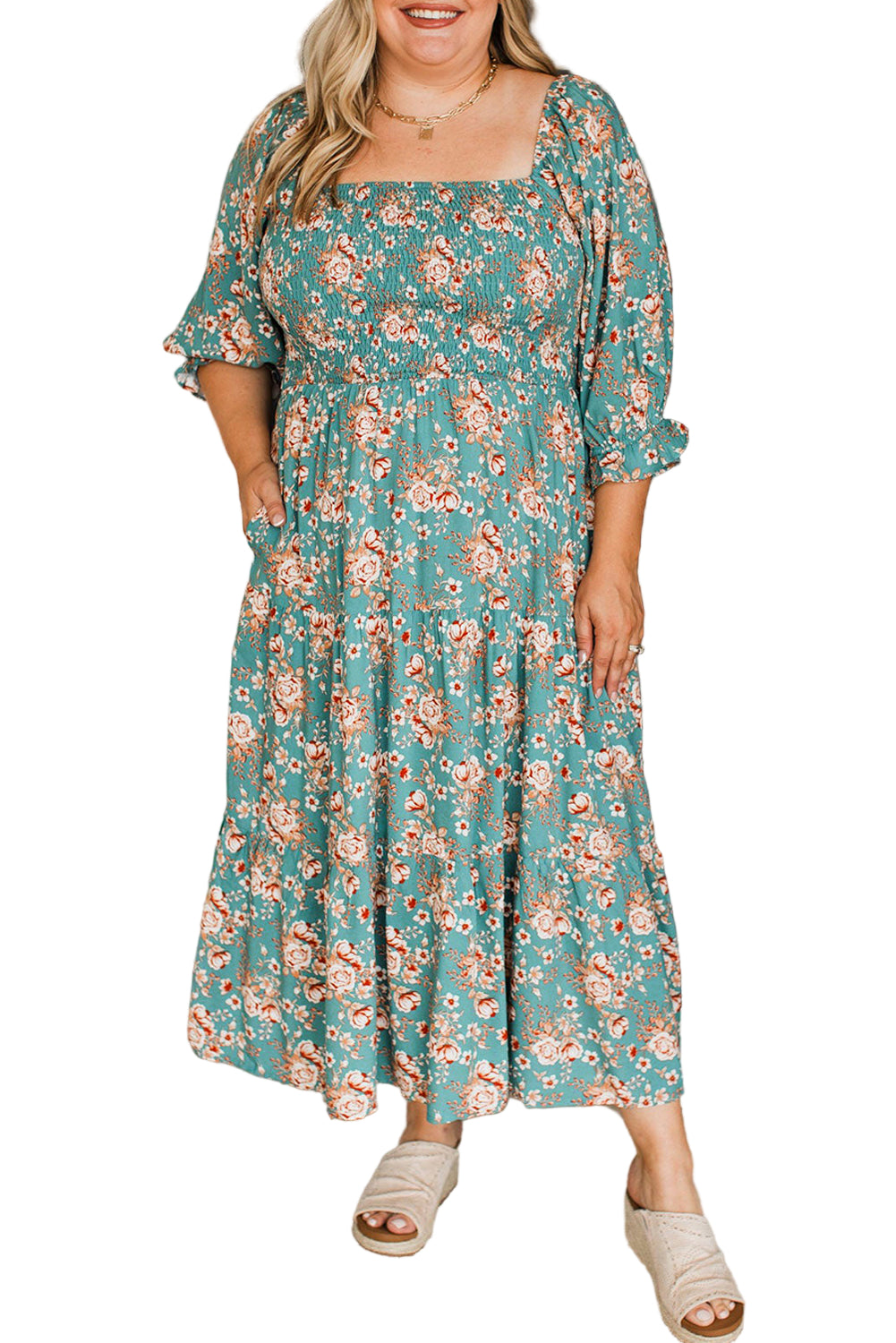 Green Plus Size Floral Print Square Neck Smocked Maxi Dress
