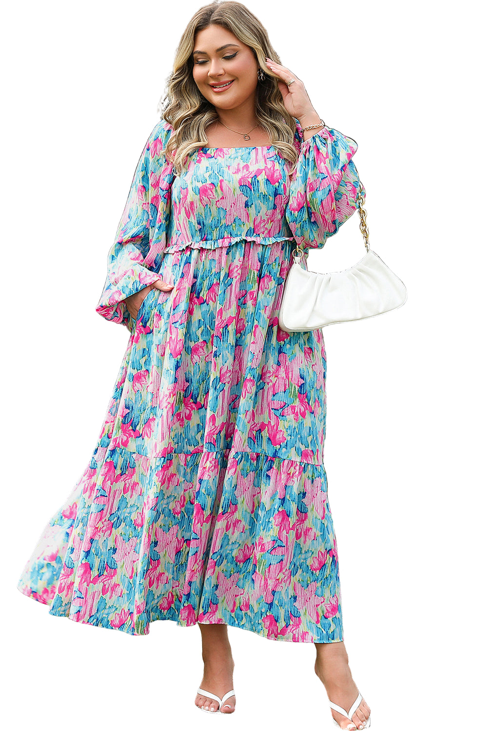 Sky Blue Floral Allover Print Shirred Square Neck Plus Size Maxi Dress