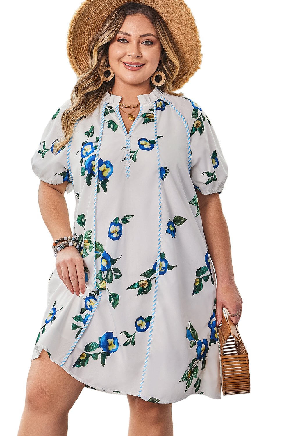White Plus Size Floral Short Puff Sleeve Contrast Tie V Neck Dress