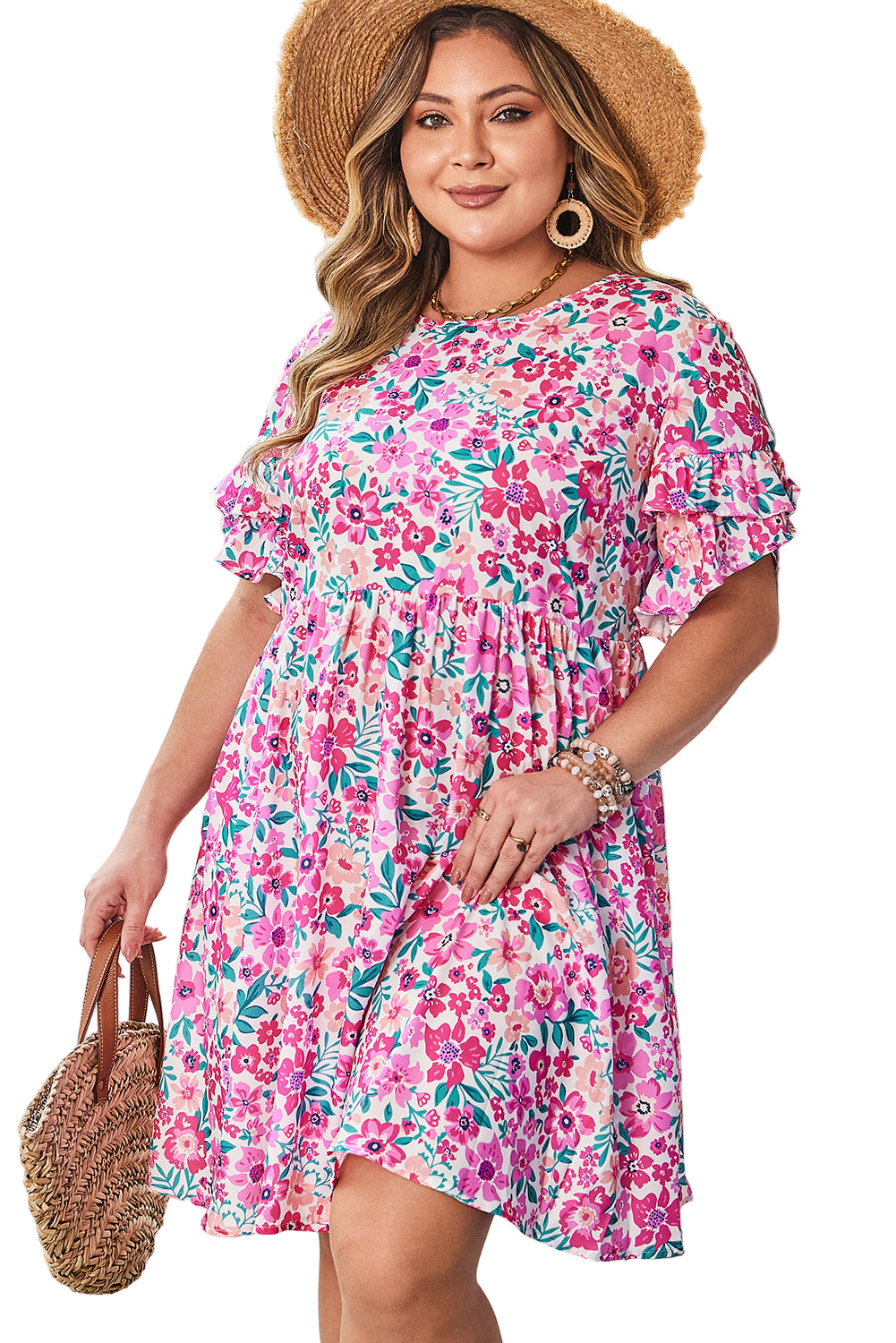 White Plus Size Floral Print Frilled Short Sleeve Flare Dress