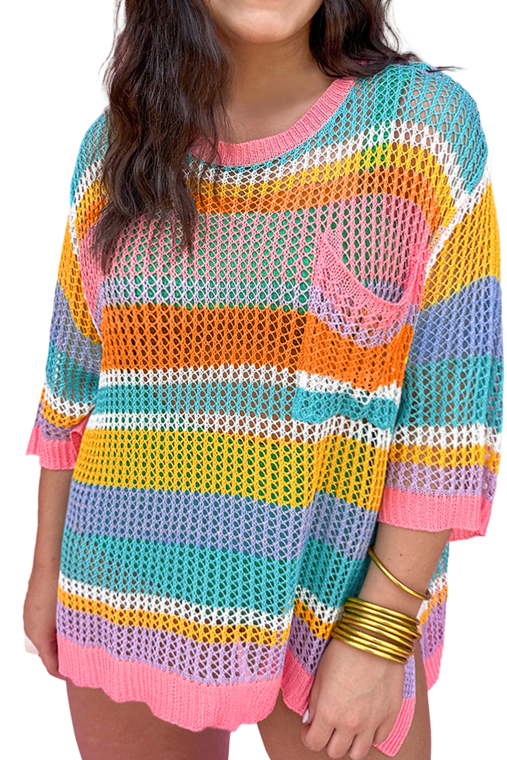 Pink Stripe Plus Size Open Knit Patch Pocket Short Sleeve Sweater