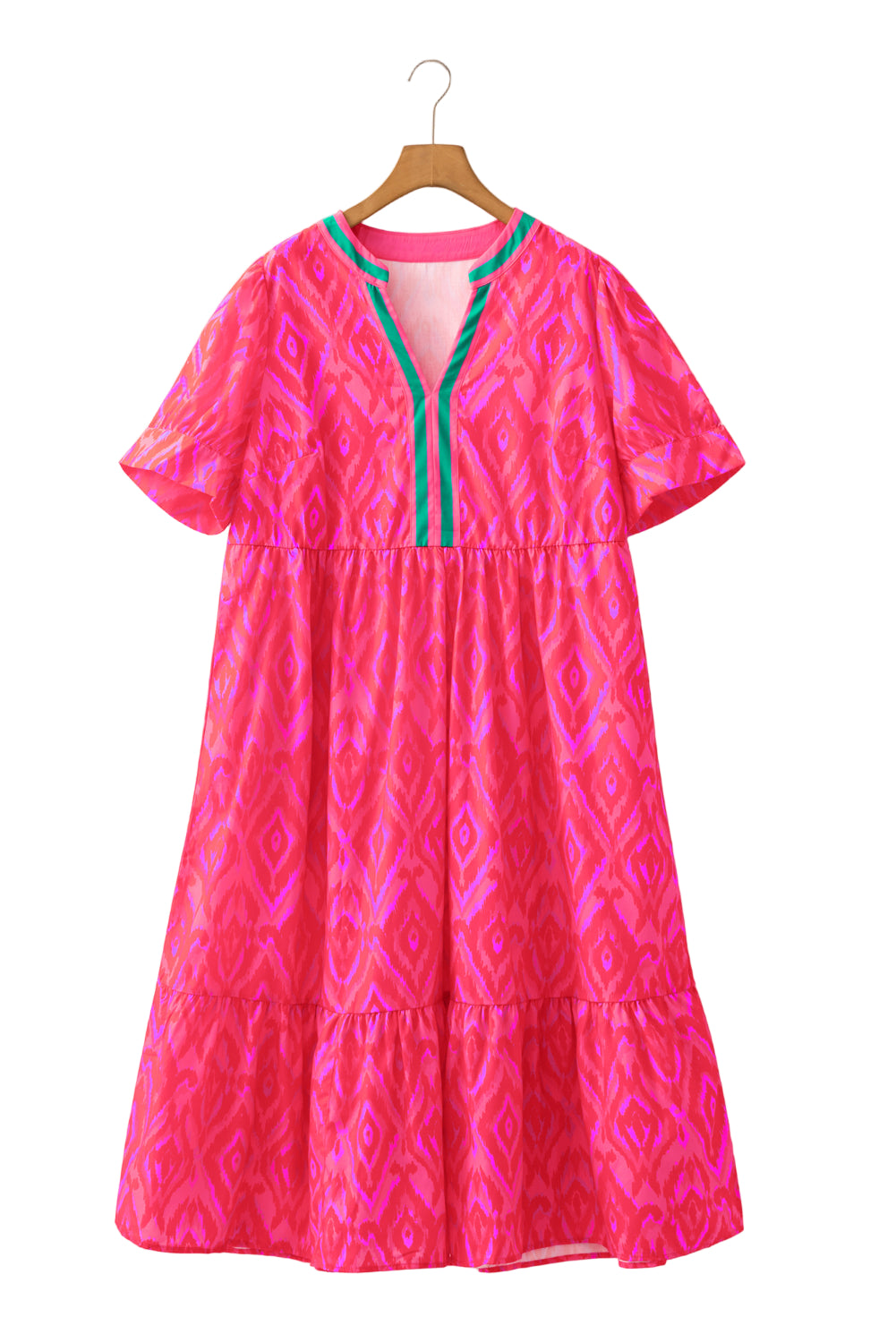 White Allover Print Contrast Split Neckline Short Puff Sleeve Curvy Dress