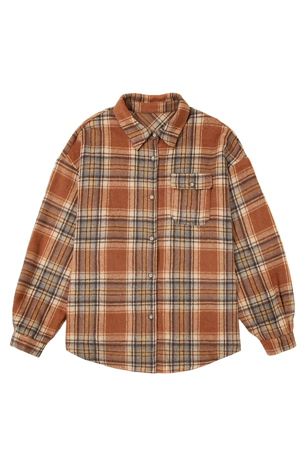 Brown Plaid Print Flap Pocket Buttoned Plus Size Shacket