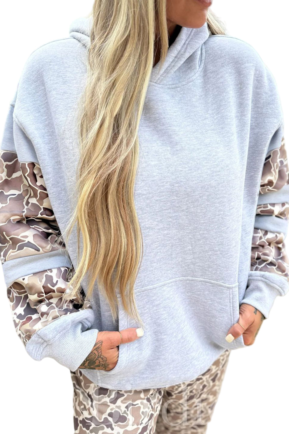 Light Grey Camouflage Patchwork Asymmetric Sleeve Plus Size Hoodie