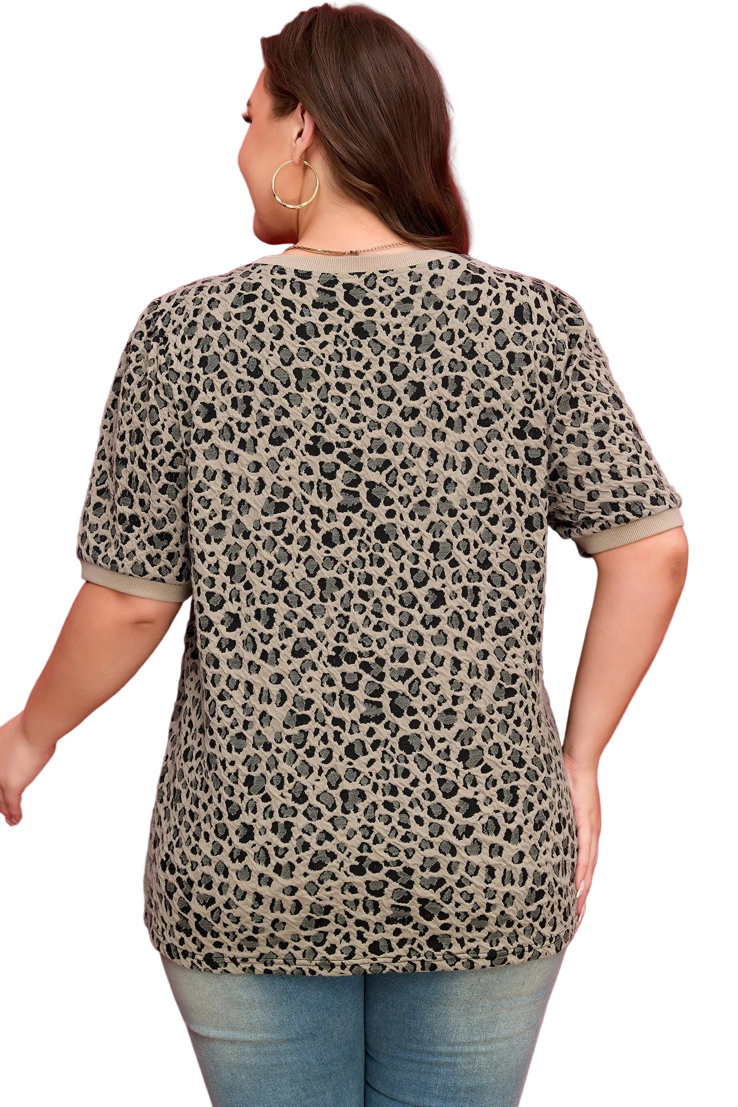 Khaki Leopard Print Textured Plus Size T Shirt