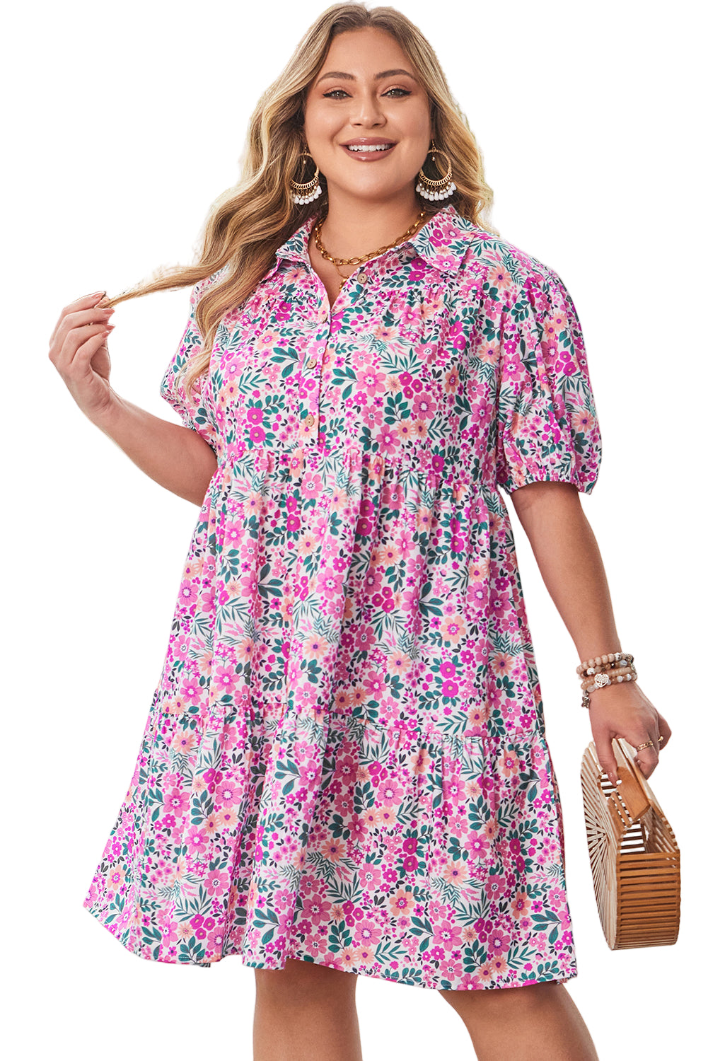 Pink Plus Size Floral Half Button Short Puff Sleeve A-line Dress
