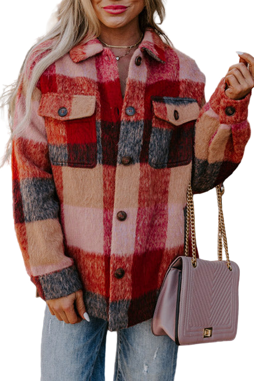 Orange Plaid Print Flap Pockets Buttoned Casual Plus Size Jacket