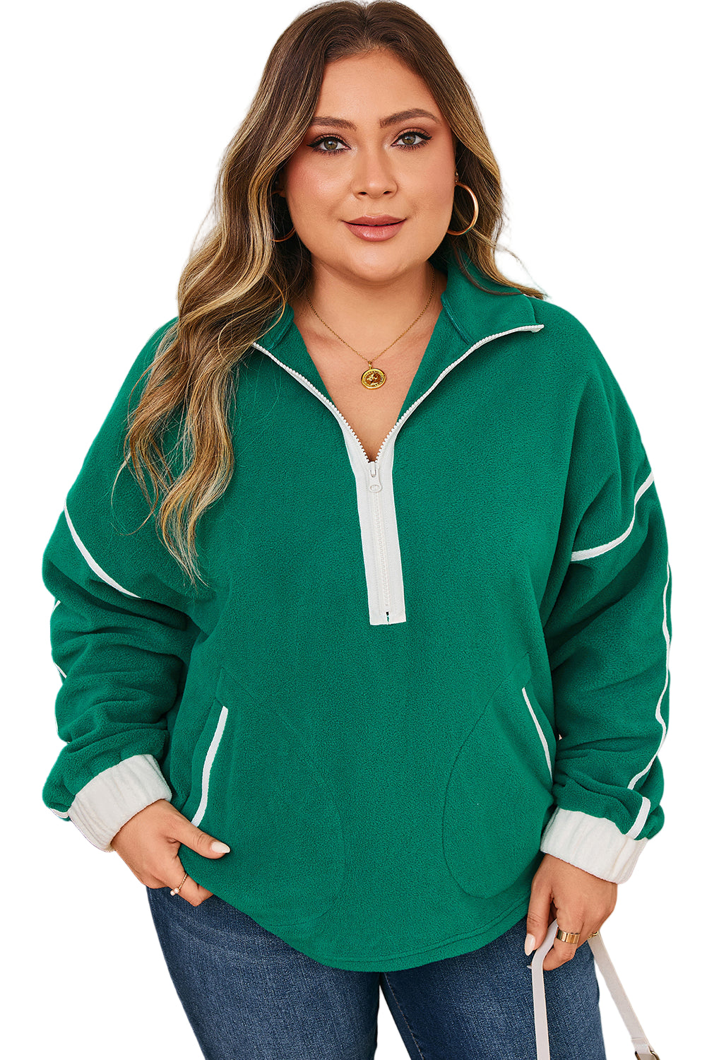 Dark Green Half Zip Contrast Trim Pocketed Plus Size Fleece Sweatshirt