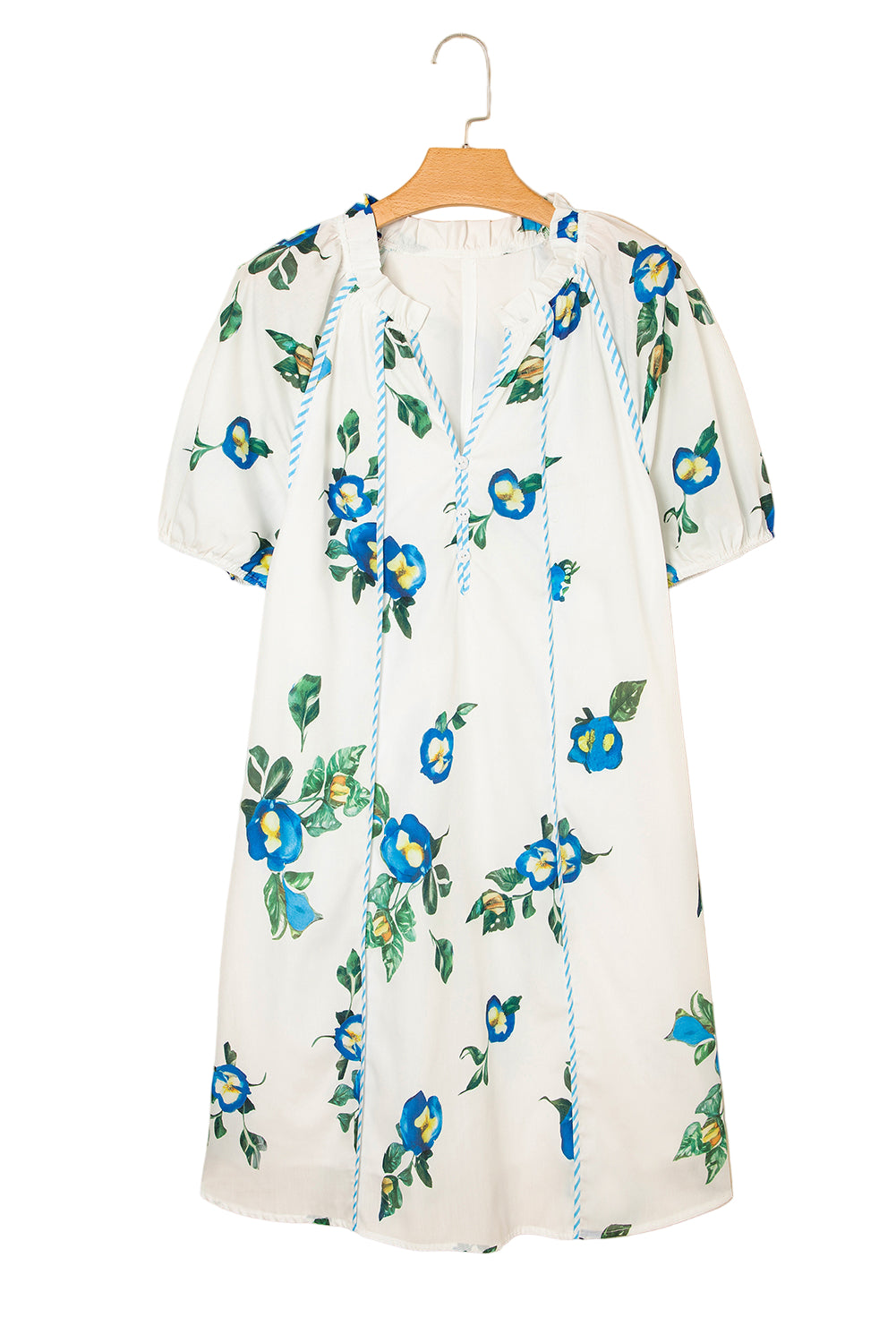 White Plus Size Floral Short Puff Sleeve Contrast Tie V Neck Dress
