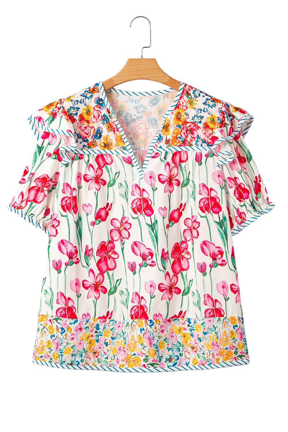 Pink Plus Size Floral Print Striped Trim V Neck Blouse