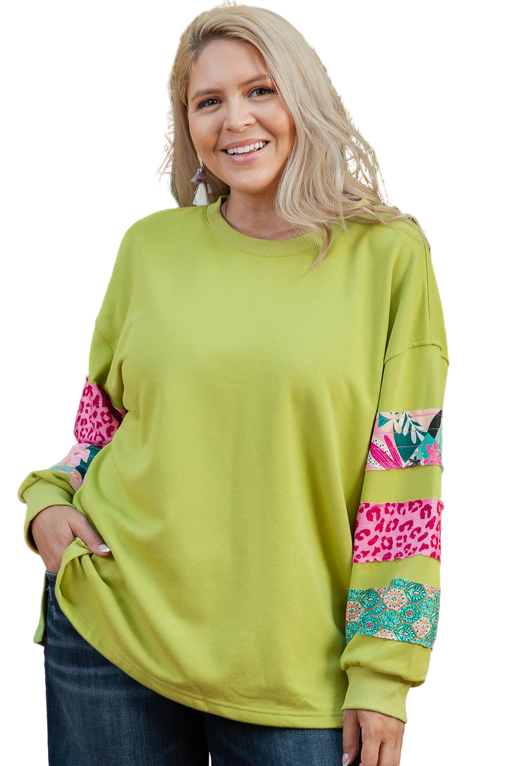 Green Plus Size Printed Patchwork Sleeve Split Sweatshirt