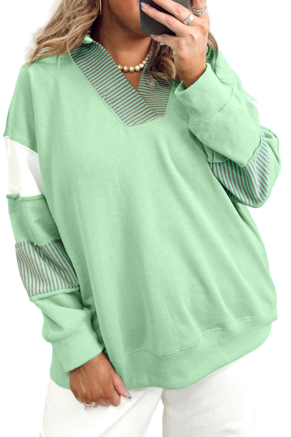 Moonlight Jade Colorblock Striped Patchwork Collar V Neck Plus Size Sweatshirt