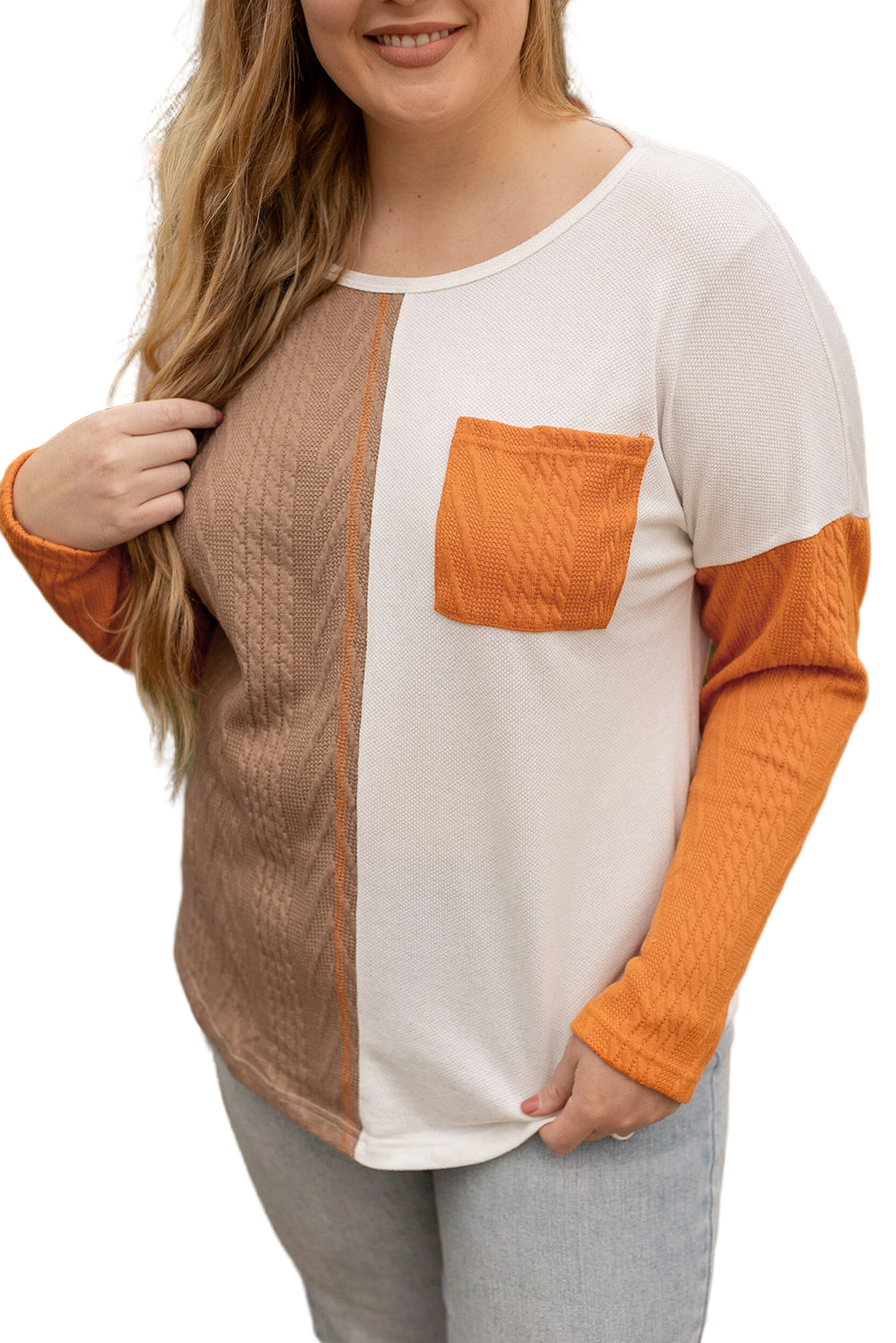 Chestnut Plus Size Pocket Textured Patchwork Top