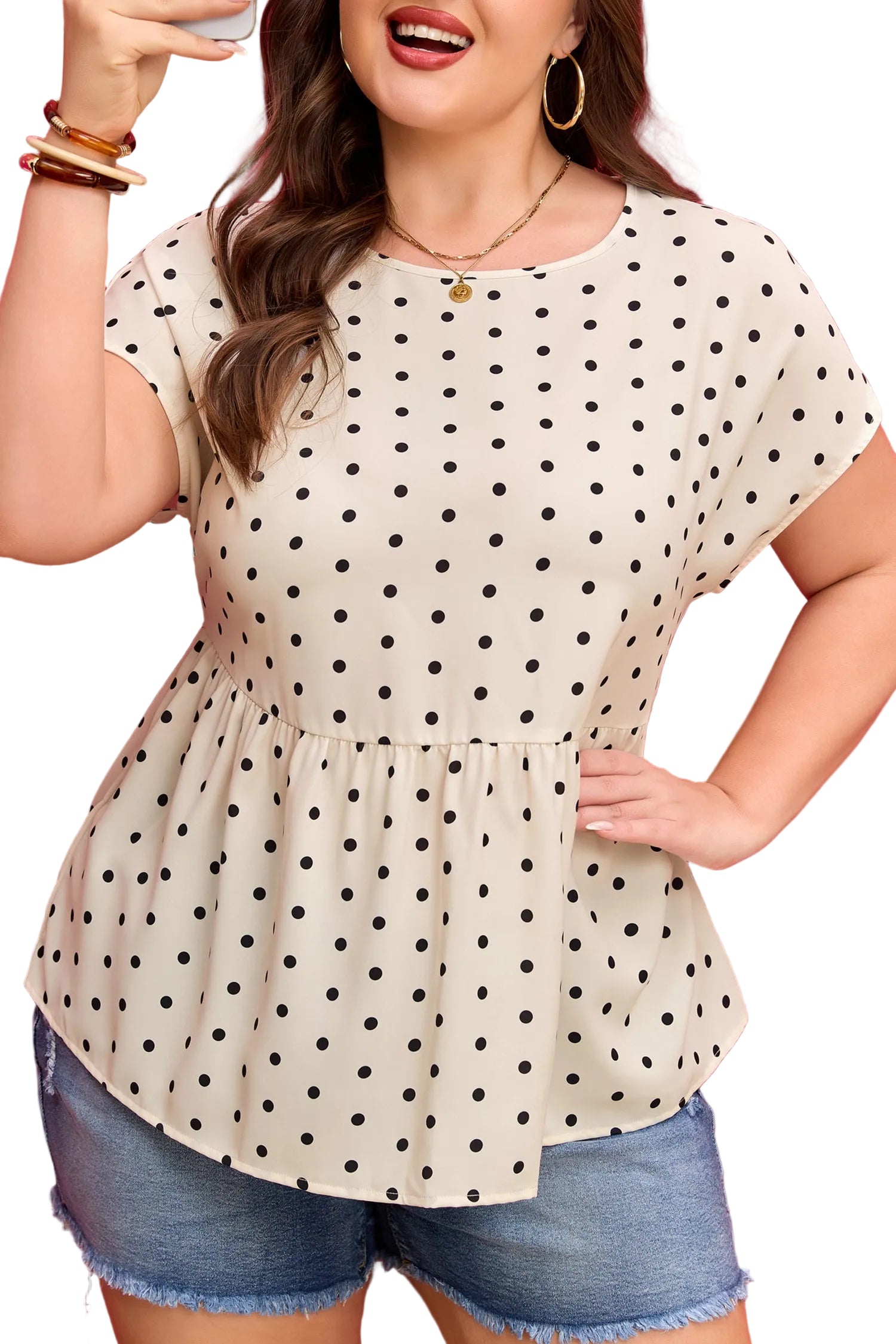 Apricot Plus Size Polka Dot Print Button Detail Short Sleeve Babydoll Blouse