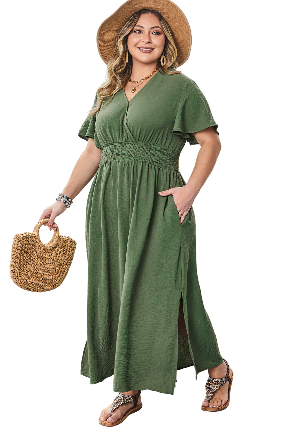 Four Leaf Clover Surplice Neckline Shirred High Waist Plus Size Maxi Dress