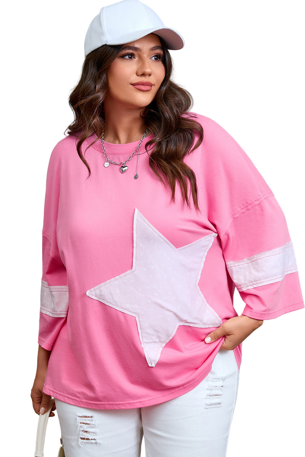 Pink Raw Edge Frayed Star Patched Plus Size Top