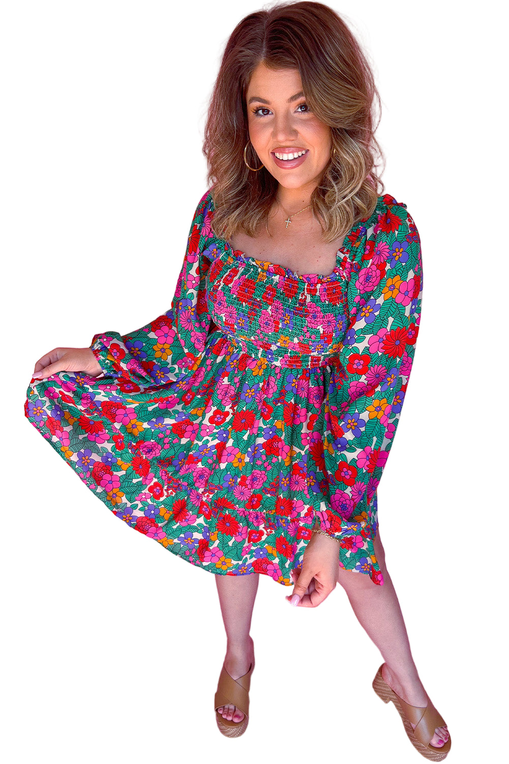 White Plus Size Floral Frilled Square Neck Shirred Long Sleeve Dress