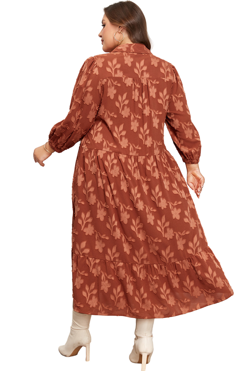 Cinnamon Plus Size Textured 3D Flower Pattern Ruffle Hem 3/4 Sleeve Long Dress