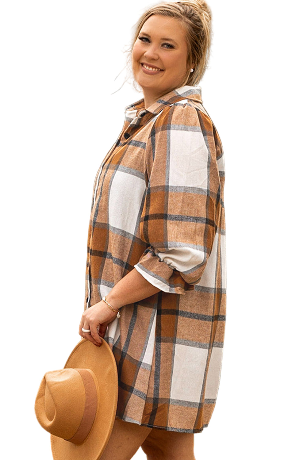 Khaki Plus Size Plaid Flounce Sleeve Button up Shirt Dress