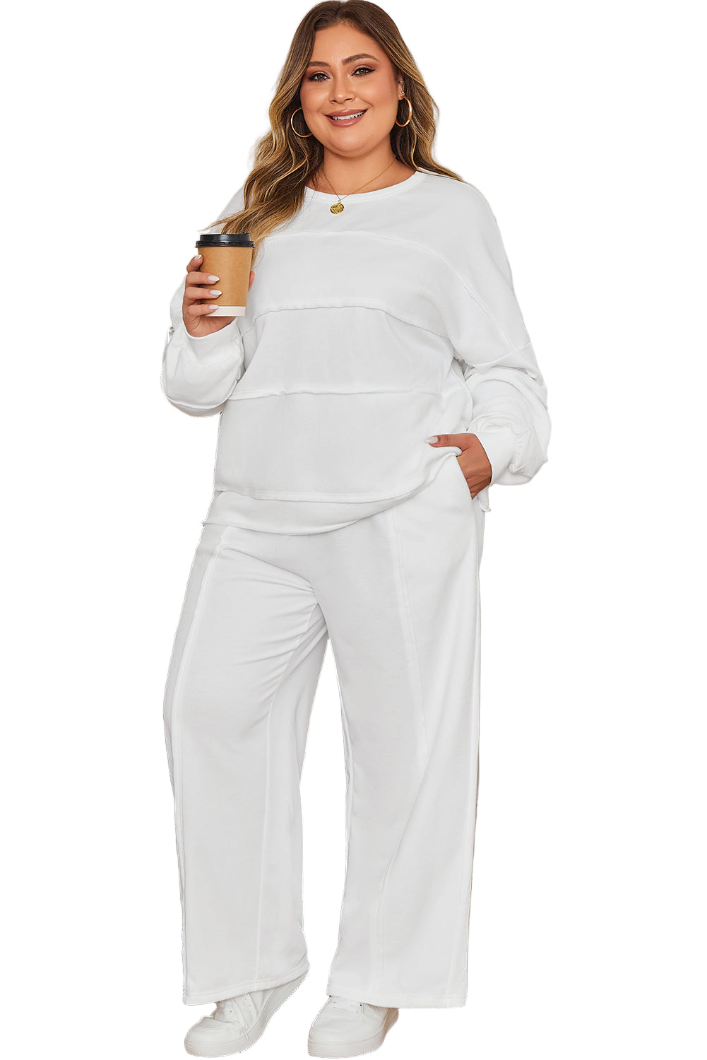 White Textured Raw Seam Plus Size Pullover Top and Drawstring Pants Set