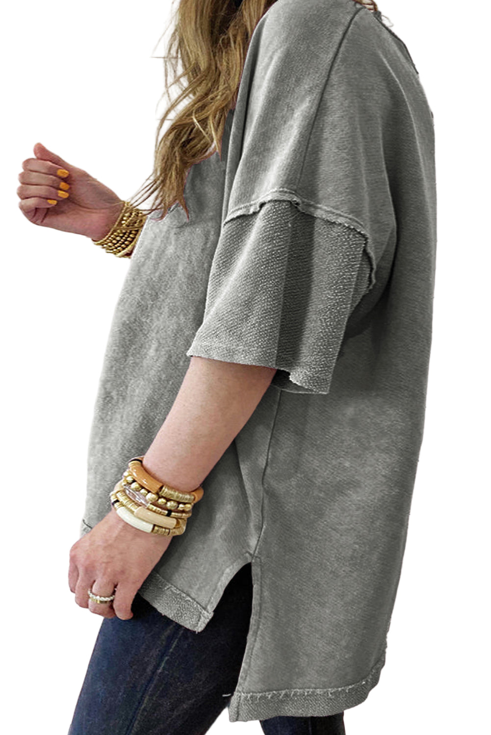 Light Grey Mineral Wash Drop Sleeve Patchwork Plus Size Tee