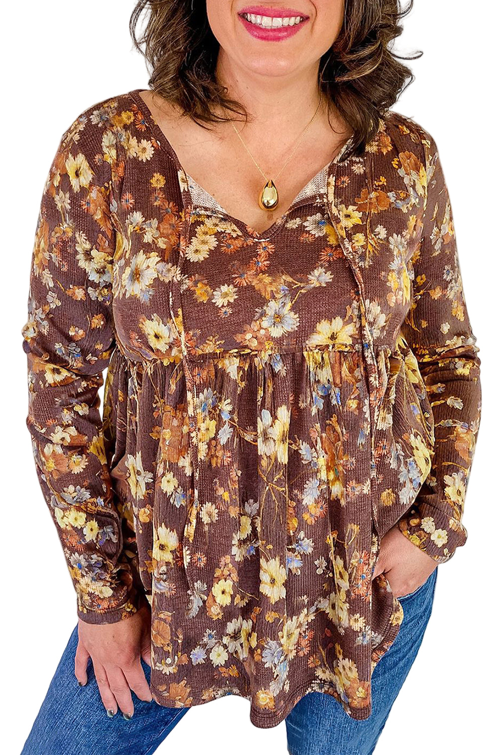 Khaki Floral Textured Long Sleeve Tie Neck Plus Size Babydoll Blouse