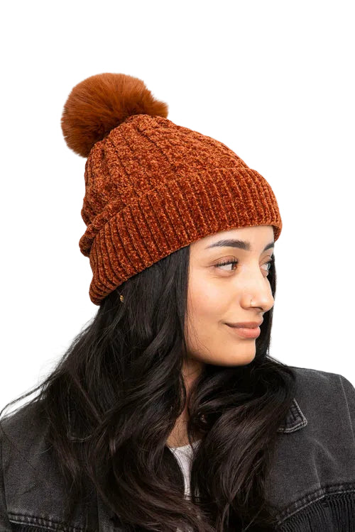 Velvet Cable Knit Pom Beanie